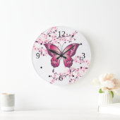 ピンクの蝶とさくらんぼの花 ラージ壁時計 (ホーム)