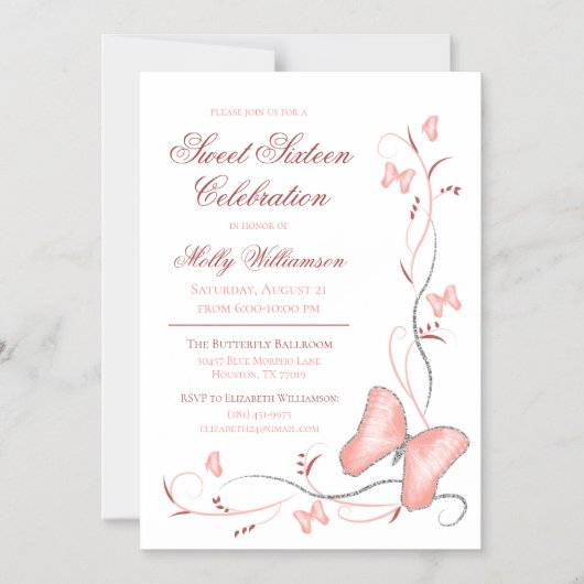 ピンクの蝶とスワールスイート16 マグネット招待状 (正面)