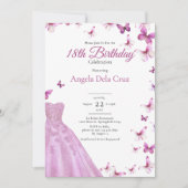 ピンクの蝶とドレス 18歳の誕生日デビュー 招待状 (正面)