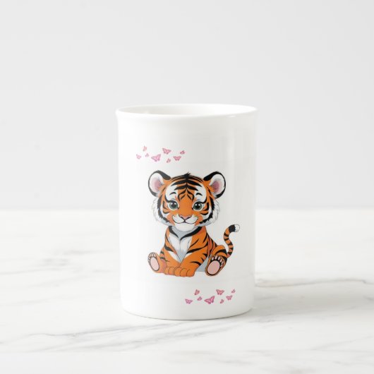 🐯ピンクの蝶とベビー虎のイラスト - ボーンチャイナマグカップ (正面)