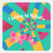 ピンクの蝶とホットピンクと緑のパターン スクエアシール (正面)