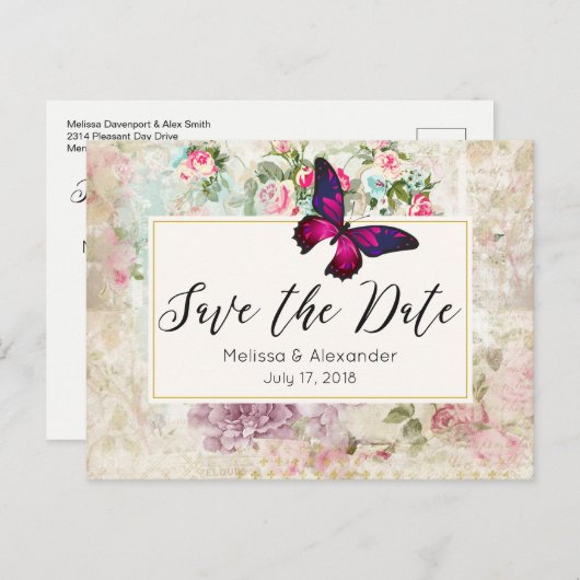 ピンクの蝶とヴィンテージバラは日付を保存 案内ポストカード (正面/裏面)