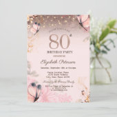 ピンクの蝶と花で飾る80歳の誕生日 招待状 (スタンド正面)