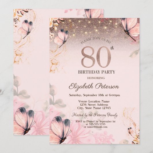 ピンクの蝶と花で飾る80歳の誕生日 招待状 (正面/裏面)