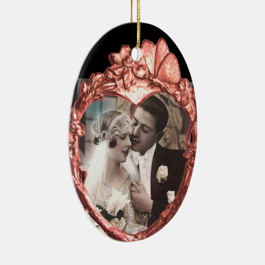 ピンクの蝶と花のハート写真テンプレート セラミックオーナメント (右)