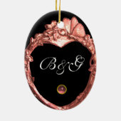 ピンクの蝶と花のハート写真テンプレート セラミックオーナメント (裏面)