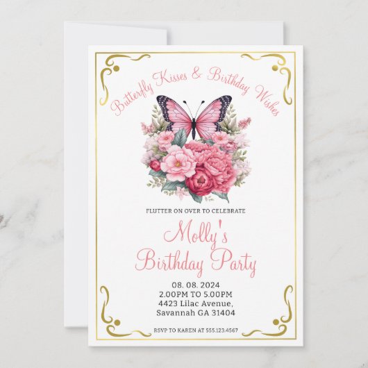 ピンクの蝶と花の年齢の誕生日パーティー 招待状 (正面)