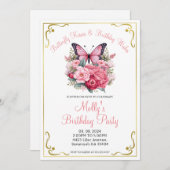 ピンクの蝶と花の年齢の誕生日パーティー 招待状 (正面/裏面)