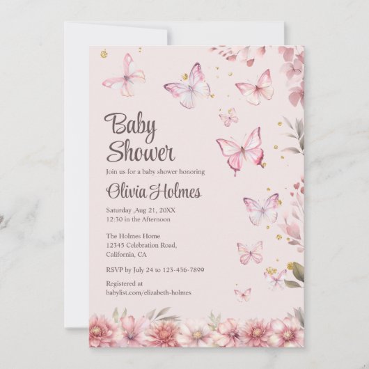 ピンクの蝶と花の庭の赤ちゃんシャワー 招待状 (正面)