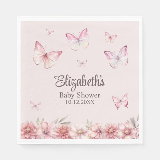 ピンクの蝶と花の赤ちゃんシャワー スタンダードランチョンナプキン (正面)
