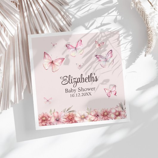 ピンクの蝶と花の赤ちゃんシャワー スタンダードランチョンナプキン