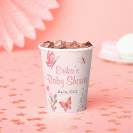ピンクの蝶と花ソフトピンクの赤ちゃんシャワー 紙コップ
