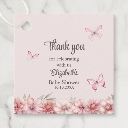 ピンクの蝶と花ベビーシャワーありがとう フェイバータグ (正面)