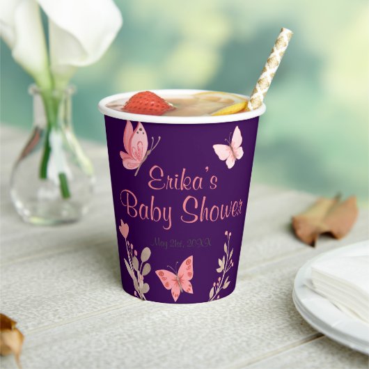 ピンクの蝶と花紫色の赤ちゃんシャワー 紙コップ (インサイチュ)