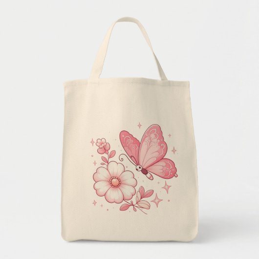 ピンクの蝶と花 トートバッグ (正面)