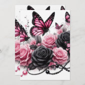 ピンクの蝶と黒真珠のバラ 招待状 (正面/裏面)