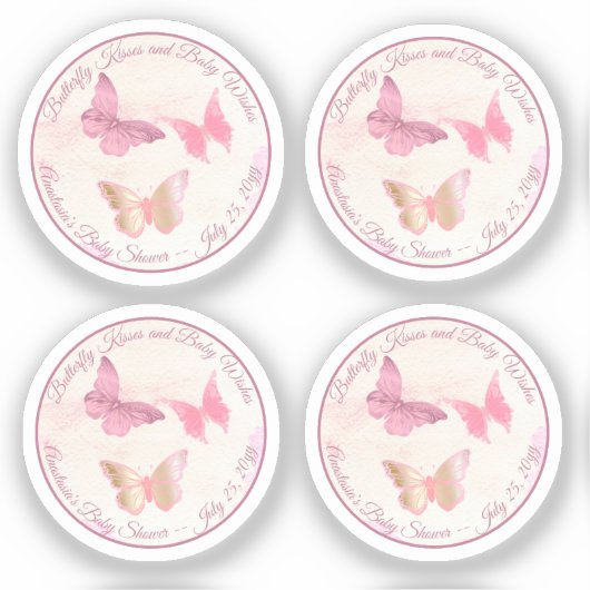 ピンクの蝶のキスとベビーは赤ちゃんのシャワーを願う シール (正面)