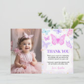 ピンクの蝶のキス 誕生日写真 ありがとう サンキューカード (スタンド正面)
