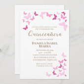 ピンクの蝶のキンセアニエラ ゴールドの文字 招待状 (正面/裏面)