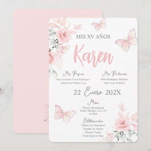 ピンクの蝶のキンチャニエラ・スペイン語招待状 招待状 (正面/裏面)