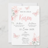 ピンクの蝶のキンチャニエラ・スペイン語招待状 招待状 (正面)