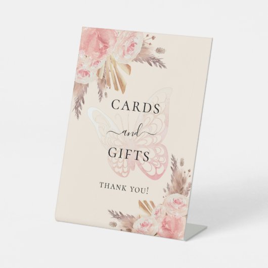 ピンクの蝶のバラベージュのパンパスギフトカードのサイン 台座サイン (正面)