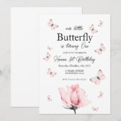 ピンクの蝶のファーストバースデー招待状 招待状 (正面/裏面)