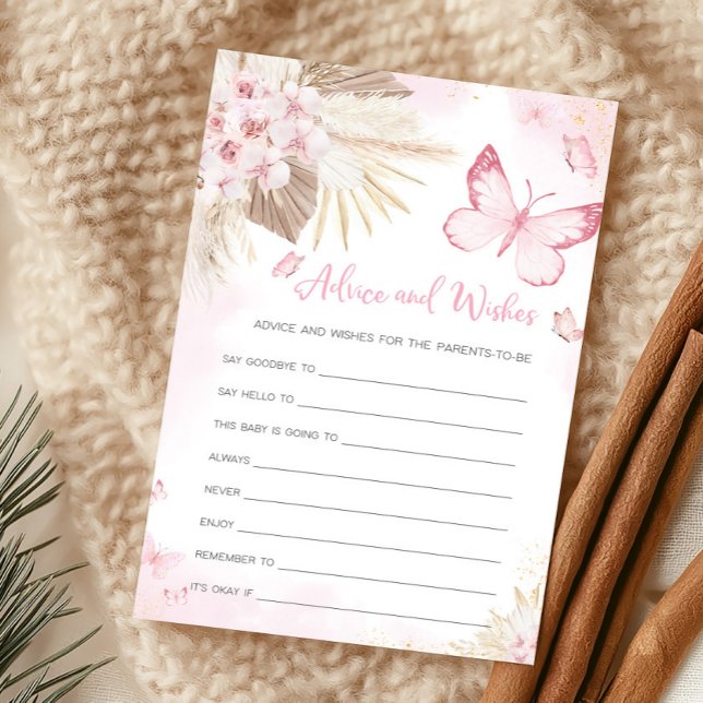 ピンクの蝶のベビーシャワーアドバイス＆ウィッシュゲーム (Girl Butterfly Pampas Grass Baby Shower Advice and Wishes Game)