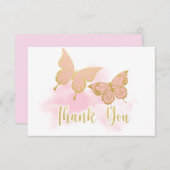 ピンクの蝶のベビーシャワー招待状 ありがとう (正面/裏面)