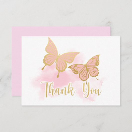 ピンクの蝶のベビーシャワー招待状 ありがとう (正面/裏面)
