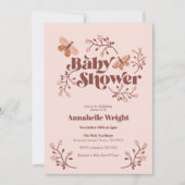 ピンクの蝶のボヘミアンベイビーシャワー 招待状 (正面)