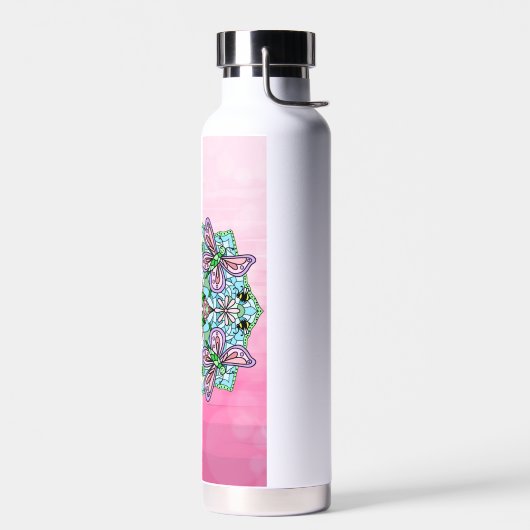 ピンクの蝶のマンダラお洒落ーの手描き ウォーターボトル (左面)