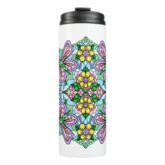 ピンクの蝶のマンダラお洒落ーの手描き タンブラー (正面)