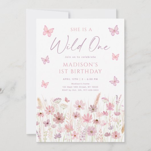 ピンクの蝶のワイルドフラワー ファーストバースデー 招待状 (正面)