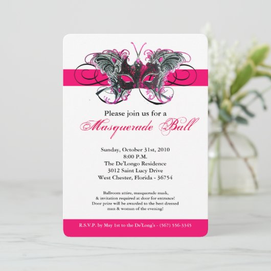 ピンクの蝶の仮装マスクの衣装ハロウィーン 招待状 (スタンド正面)