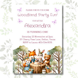 ピンクの蝶の女の子の森の動物たち 1歳の誕生日 招待状