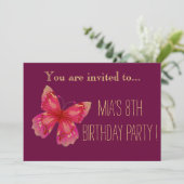 ピンクの蝶の女の子またはトゥイーンバースデーパーティー 招待状 (スタンド正面)