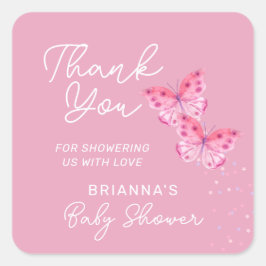 ピンクの蝶の女の子ツインベビーシャワーありがとう スクエアシール