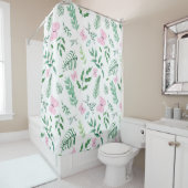 ピンクの蝶の植物緑の水色 シャワーカーテン (インサイチュ)