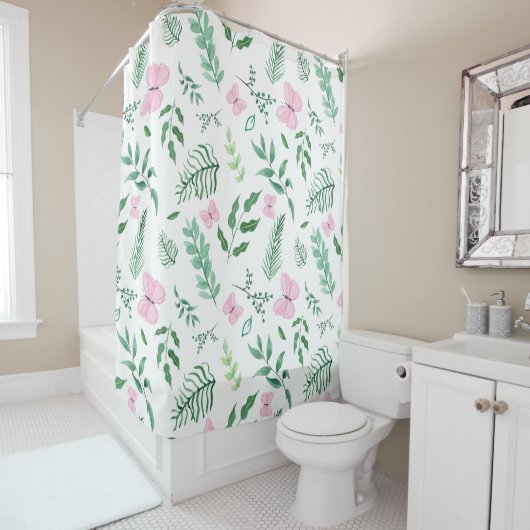 ピンクの蝶の植物緑の水色 シャワーカーテン (インサイチュ)