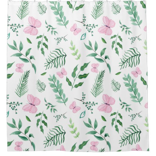 ピンクの蝶の植物緑の水色 シャワーカーテン (正面)