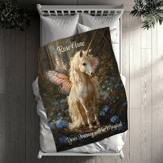 ピンクの蝶の翼の馬と白いユニコーン フリースブランケット