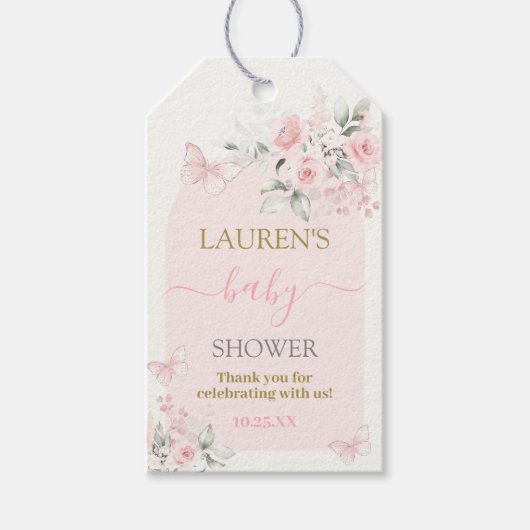 ピンクの蝶の花のベビーシャワー 女の子のギフトタグ ギフトタグ (正面)