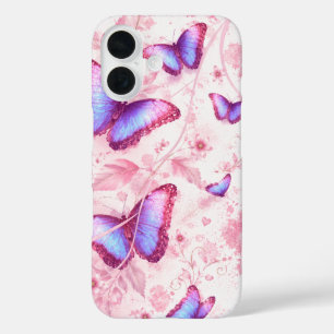 ピンクの蝶の花柄のスマホケース iPhone 16ケース