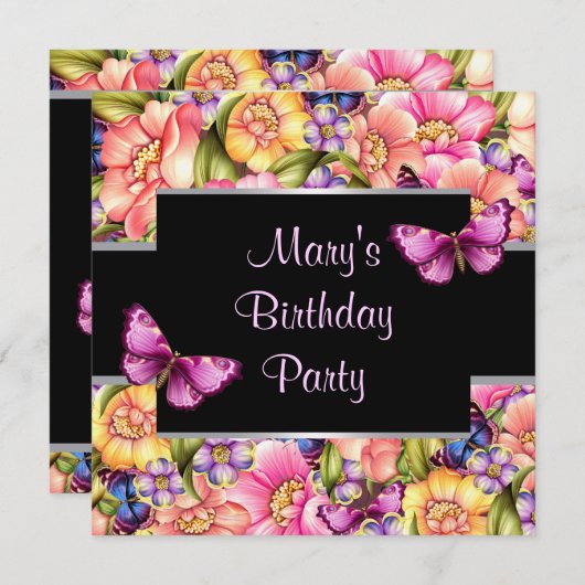 ピンクの蝶の花 女性の誕生日パーティー 招待状 (正面/裏面)
