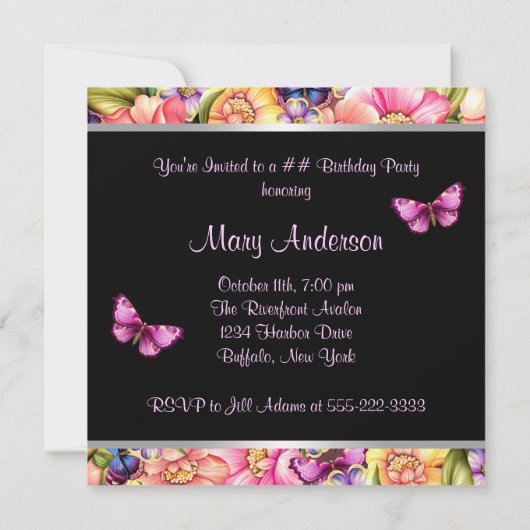 ピンクの蝶の花 女性の誕生日パーティー 招待状 (裏面)