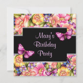 ピンクの蝶の花 女性の誕生日パーティー 招待状 (正面)