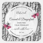 ピンクの蝶の製品ラベルと白い木の樹皮 スクエアシール (正面)