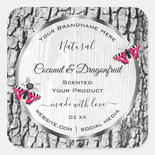 ピンクの蝶の製品ラベルと白い木の樹皮 スクエアシール (正面)