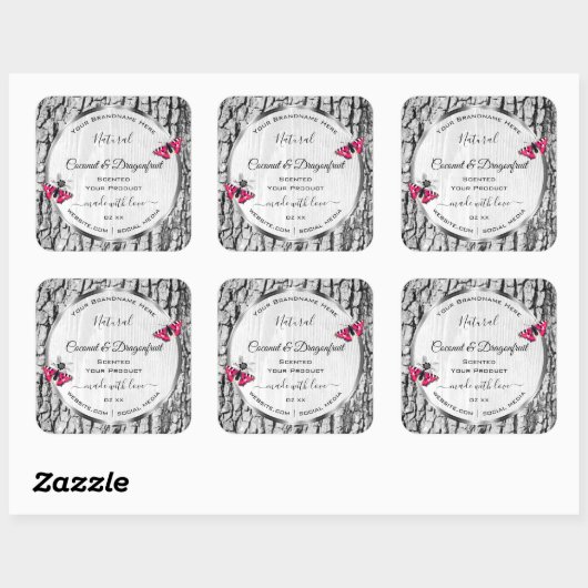 ピンクの蝶の製品ラベルと白い木の樹皮 スクエアシール (シート)